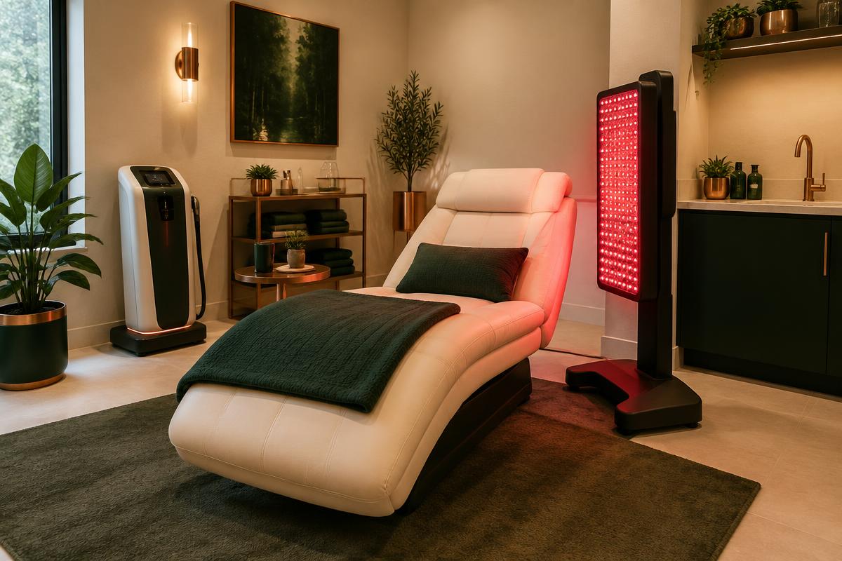 Cellular rejuvenation suite with a recovery lounge chair and red-light therapy panel