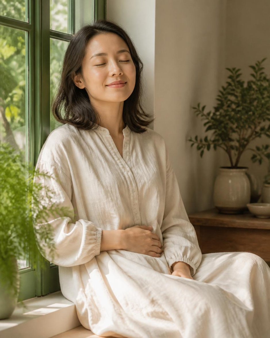 Woman resting hands on her belly by a sunlit window with plants — gut-brain wellness